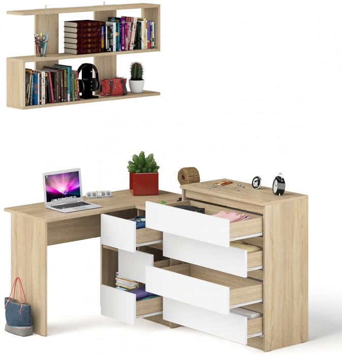 Мори компьютерный стол МС-16 правый + Комод МК800.4 + Полка 1200, дуб сонома/белый