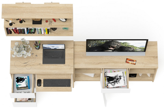 Мори компьютерный стол МС-6 левый + Тумба МТВ1204.1 + Полка 900, дуб сонома/белый