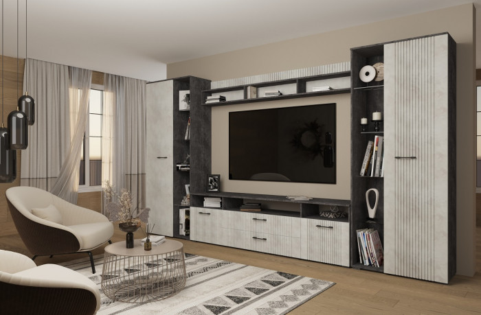 Шкаф с открытой нишей (правое исп.) "Денвер" - Бетон спаркс/Перламутр жемчуг