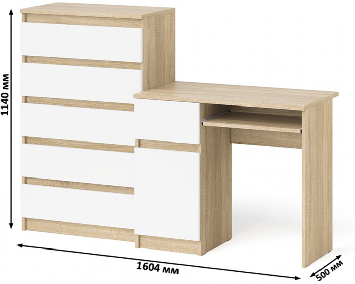 Мори компьютерный стол МС-1 левый + Комод МК700.5, дуб сонома/белый
