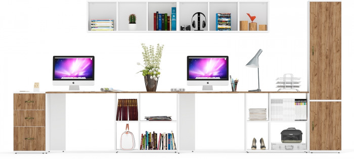 Лидер-8 Стол + Полка + Стол + Полка + Пенал МД 21Б + Тумба МД 3.16, белый шагрень/крафт золото