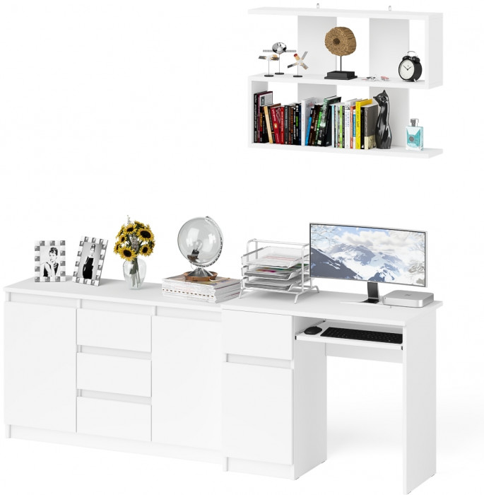 Мори компьютерный стол МС-1 левый + Комод МК1200.3 + Полка 900, белый