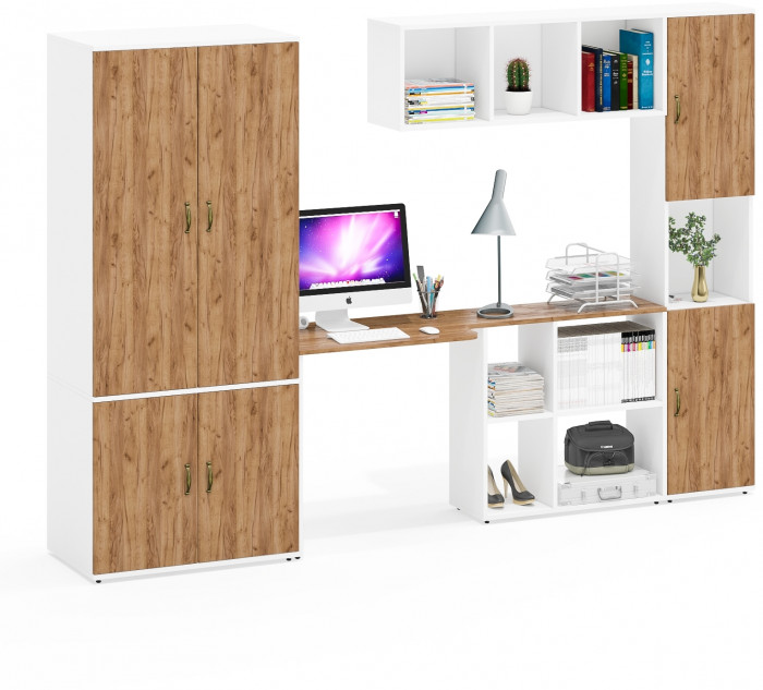 Лидер-8 Шкаф МД 19Б + Стол + Полка + Пенал, цвет белый шагрень/крафт золото, ШхГхВ 285х50/30х75/190 или 195х120х75/190 см., НЕ ун.сб.