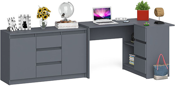 Мори Стол компьютерный МС-16 правый + Комод МК1200.3, цвет графит, ШхГхВ 244,8х84,9х76,6 см., выдвижные ящики справа, НЕ универсальная сборка