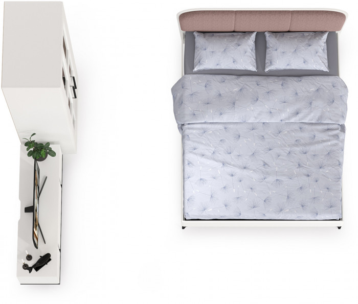 Валенсия Спальня № 26, цвет ЛДСП белый шагрень/чёрный/МДФ белый шагрень/ткань велутто 19, ортопед есть, сп. м. 1600х2000 мм., б/м