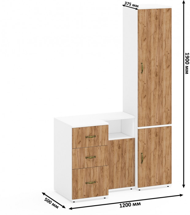 Лидер-8 Пенал МД 21Б + Тумба МД 3.16 + Тумба МД 3.19, цвет белый шагрень/крафт золото, ШхГхВ 120х50х190 см., универсальная сборка