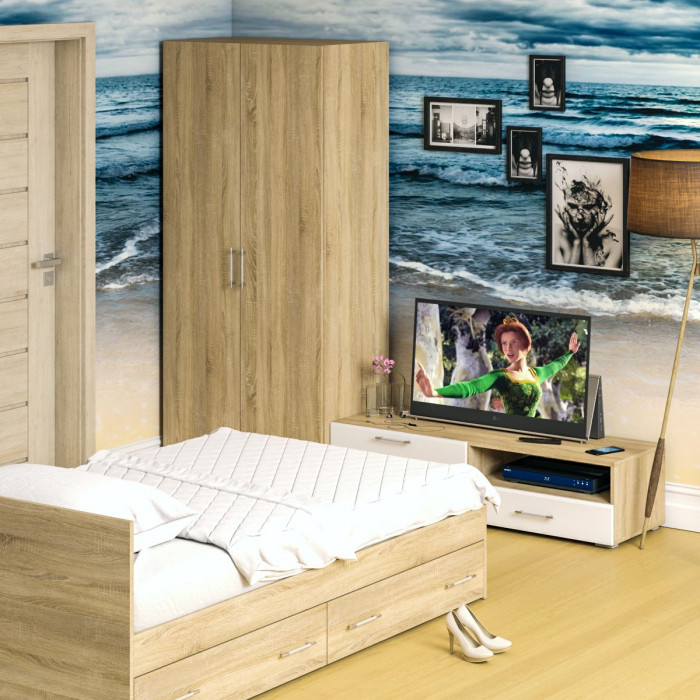 Спальня Стандарт 3-1200Я, дуб сонома/фасады ТВ тумбы МДФ белый глянец