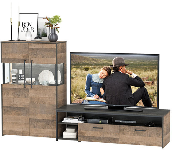 Трувор 13.70 Тумба под ТВ + 13.306 Комод с витриной, дуб гранж песочный/интра