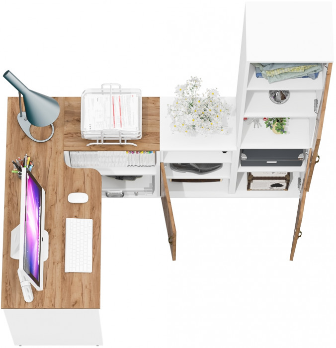 Лидер-8 Стол + Тумба МД 3.19 + Пенал, белый шагрень/крафт золото