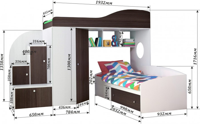 Кровать-чердак Кадет 2 (Белое дерево/Ясень Анкор темный)