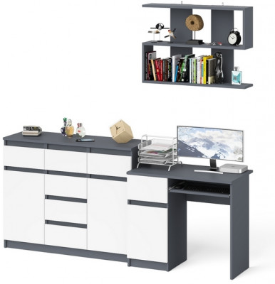 Мори Стол компьютерный МС-1 левый + Комод МК1200.4 + Полка 900, цвет графит/белый, ШхГхВ 210,4х50х209,6 см., НЕ универсальная сборка