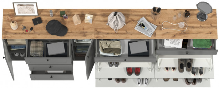 Остин 16.221 Комод + 16.121 Тумба для обуви + 16.121 Тумба для обуви, цвет серый графит/дуб крафт золотой, ШхГхВ 280х41,9х99,3 см., ун. сборка