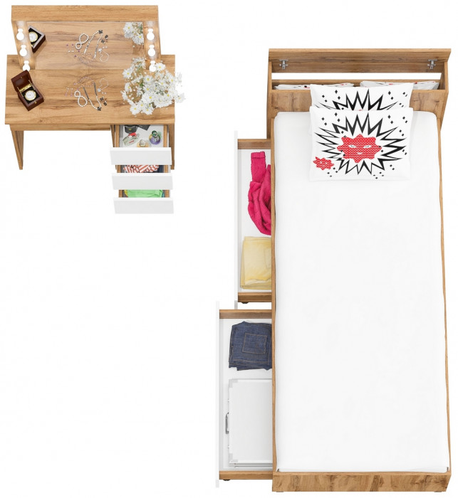 Ксения Кровать с ящиками 0900 + Стол косметический с подсветкой Сура, дуб вотан/белый