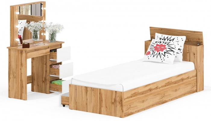Ксения Кровать с ящиками 0900 + Стол косметический с подсветкой Сура, дуб вотан/белый