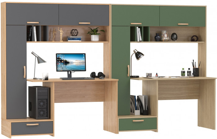 Два Стола письменных Лайт 03.243Н, цвет гикори рокфорд натуральный/тёмно-серый/плэйн/дымчатый зелёный, ШхГхВ 300,4х57,3х179,9 см., НЕ универс. сборка