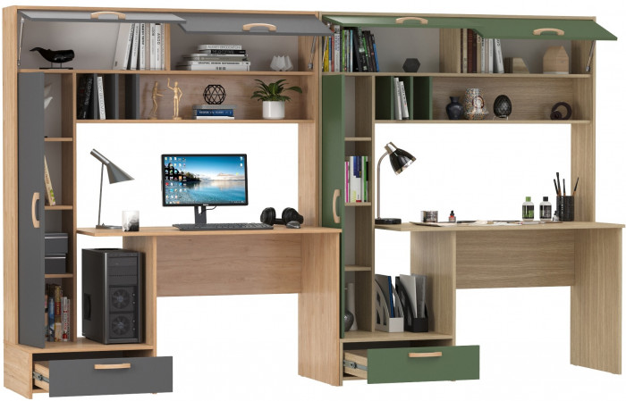 Два Стола письменных Лайт 03.243Н, цвет гикори рокфорд натуральный/тёмно-серый/плэйн/дымчатый зелёный, ШхГхВ 300,4х57,3х179,9 см., НЕ универс. сборка