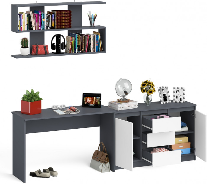 Мори письменный стол МСП1200.1 + Комод МК1200.3 + Полка 1200, графит/белый