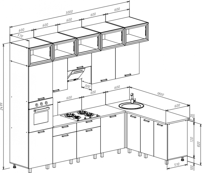 Кухня Техно 3,0х1,8/1080м Компоновка №8, Белый/Марсала глянец