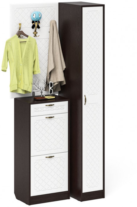 Прихожая П-6 Компоновка № 44, венге/фасады МДФ белое дерево фрезеровка ромб