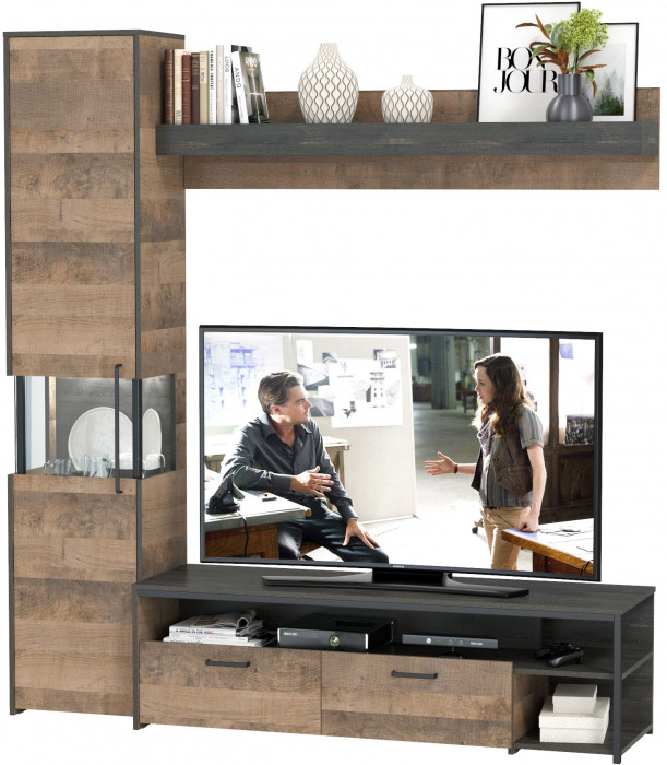 Трувор 13.70Тумба под ТВ +13.205 Шкаф-пенал с витриной +15.60 Полка, дуб гранж песочный/интра