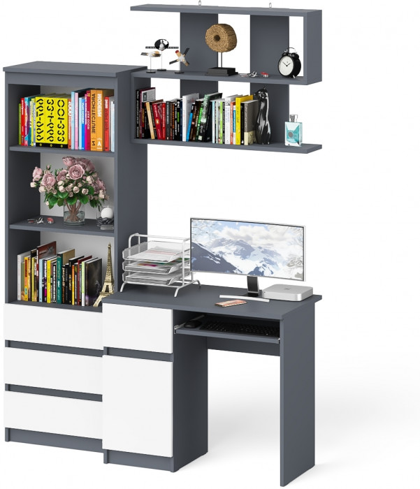 Мори компьютерный стол МС-1 левый + Стеллаж МСТ600.3 + Полка 900, графит/белый