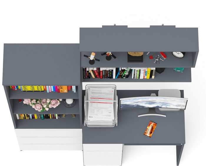 Мори компьютерный стол МС-1 левый + Стеллаж МСТ600.3 + Полка 900, графит/белый