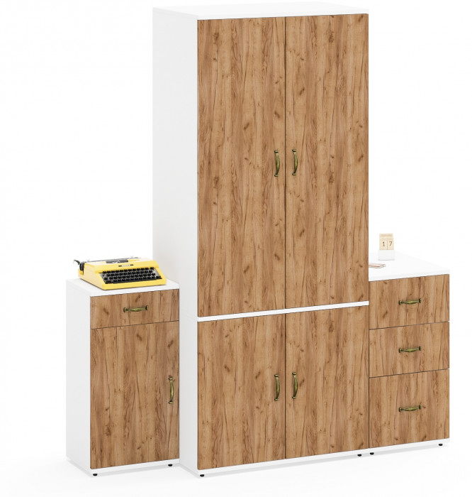 Лидер-8 Шкаф МД 19Б + Тумба МД 3.15 + Тумба МД 3.16, цвет белый шагрень/крафт золото, ШхГхВ 160х50х190 см., универсальная сборка