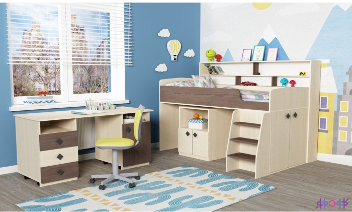 Кровать-чердак Малыш 5 (Дуб молочный/Ирис)