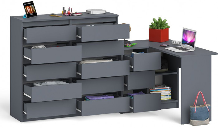 Мори Стол компьютерный МС-16 левый + Комод МК1200.10, цвет графит, ШхГхВ 244,8х84,9х115 см., выдвижные ящики слева, НЕ универсальная сборка