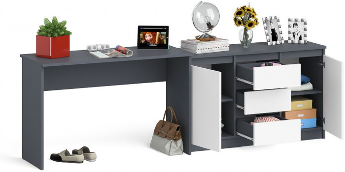 Мори Стол письменный МСП1200.1 + Комод МК1200.3, цвет графит/белый, ШхГхВ 240,8х50х76,6 см., универсальная сборка