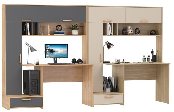 Два Стола письменных Лайт 03.243Н, цвет гикори рокфорд натуральный/тёмно-серый/плэйн/сатин, ШхГхВ 300,4х57,3х179,9 см., НЕ универсальная сборка