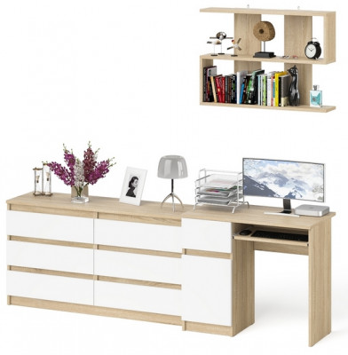 Мори Стол компьютерный МС-1 левый + Комод МК1380.6 + Полка 900, цвет дуб сонома/белый, ШхГхВ 228х50х209,6 см., НЕ универсальная сборка