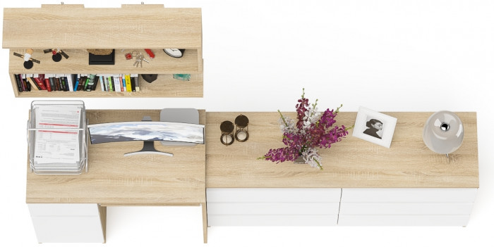 Мори Стол компьютерный МС-1 левый + Комод МК1380.6 + Полка 900, цвет дуб сонома/белый, ШхГхВ 228х50х209,6 см., НЕ универсальная сборка