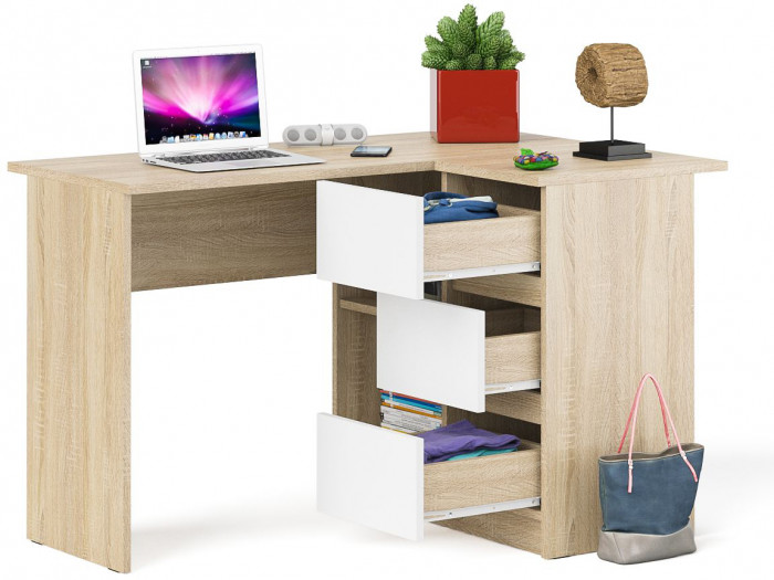 Мори Стол компьютерный МС-16 правый, цвет дуб сонома/белый, ШхГхВ 124,4х84,9х76,6 см., выдвижные ящики справа, НЕ универсальная сборка