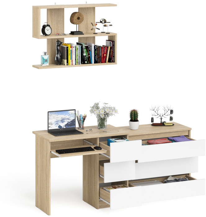 Мори Стол компьютерный МС-6 правый + Комод МК800.1 + Полка 900, цвет дуб сонома/белый, ШхГхВ 170,4х50х209,6 см., НЕ универсальная сборка