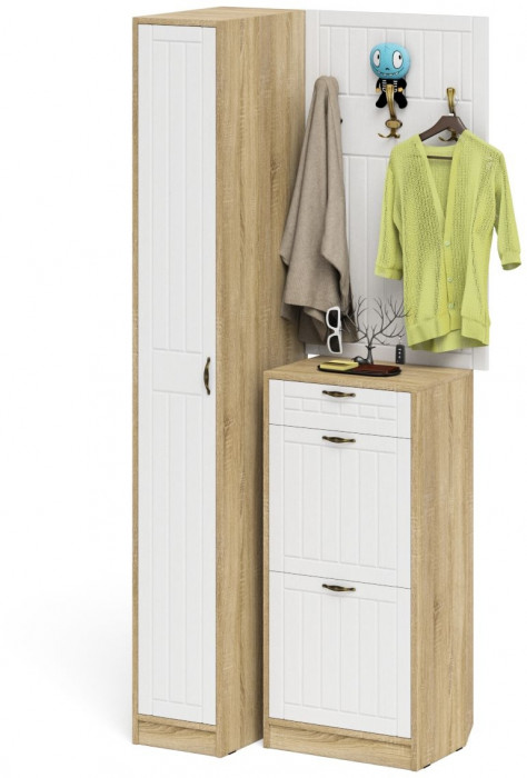 Прихожая П-6 Компоновка № 44, дуб сонома/фасады МДФ белое дерево фрезеровка прованс