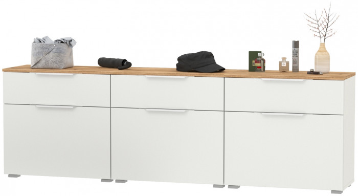 Октава 16.127 Тумба для обуви + 16.127 Тумба + 16.127 Тумба, цвет белый шагрень/дуб крафт золотой/фасады МДФ белый шагрень, ШхГхВ 194,7х35,4х62,2 см.