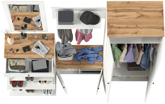 Остин Прихожая 47, цвет белый шагрень/дуб крафт золотой, ШхГхВ 240х54,3х229,6 см., универсальная сборка