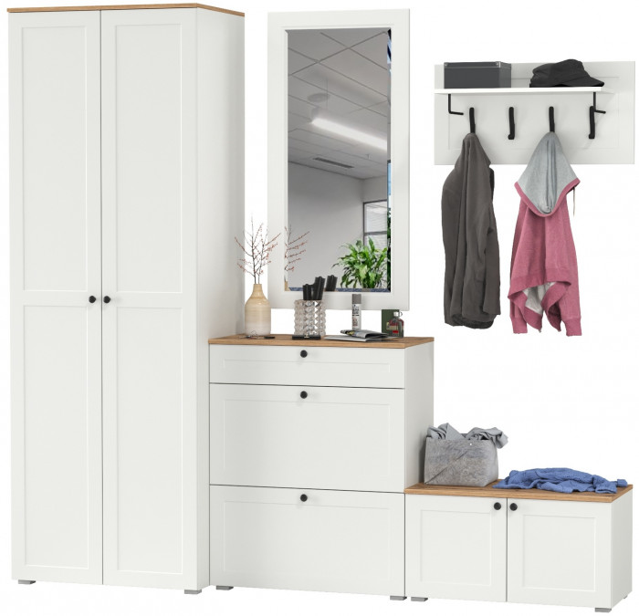 Остин Прихожая 47, цвет белый шагрень/дуб крафт золотой, ШхГхВ 240х54,3х229,6 см., универсальная сборка