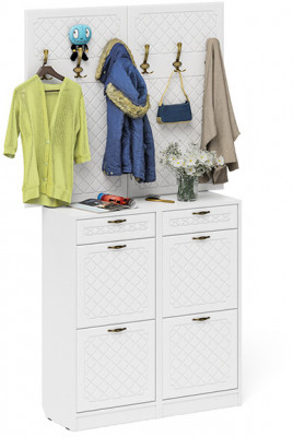 Прихожая П-6 Компоновка № 04, цвет белая шагрень/фасады МДФ белое дерево фрезеровка ромб, ШхГхВ 120х35х200 см.