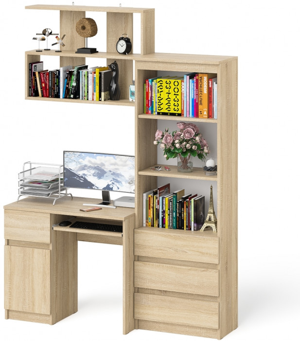 Мори компьютерный стол МС-1 левый + Стеллаж МСТ600.3 + Полка 900, дуб сонома