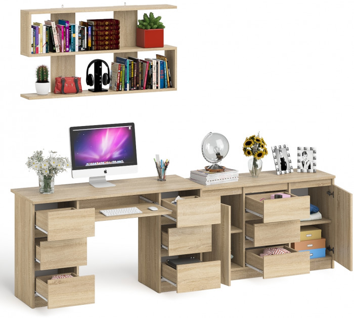Мори компьютерный стол МС-2 + Комод МК1200.3 + Полка 1200, дуб сонома