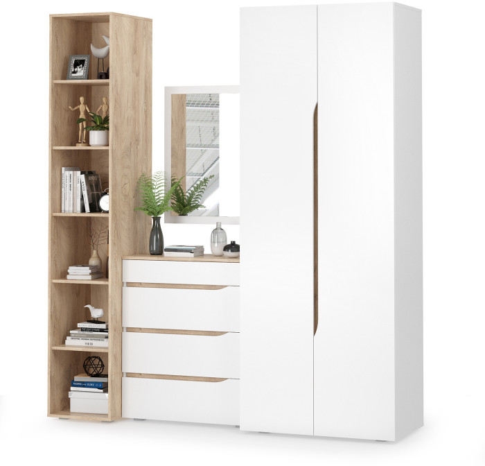 Муссон 13.198 Шкаф + 13.349 Стеллаж + 13.97 Комод + Зеркало СВК, белый/дуб эндгрейн элегантный