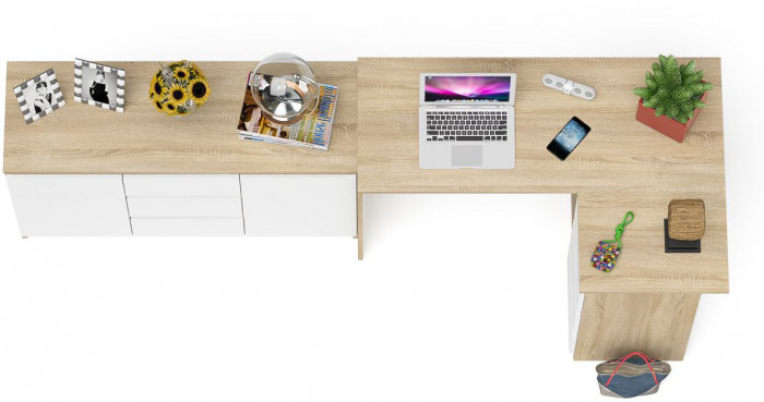 Мори Стол компьютерный МС-16 правый + Комод МК1200.3, цвет дуб сонома/белый, ШхГхВ 244,8х84,9х76,6 см., выдвижные ящики справа, НЕ универс. сборка