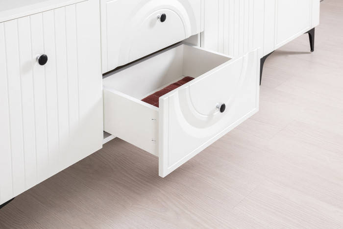 Валенсия Гостиная № 060, цвет ЛДСП белый шагрень/МДФ белый шагрень, ШхГхВ 272,2х38,3х225,2 см., ниша для ТВ 133х38х117 см., универсальная сборка