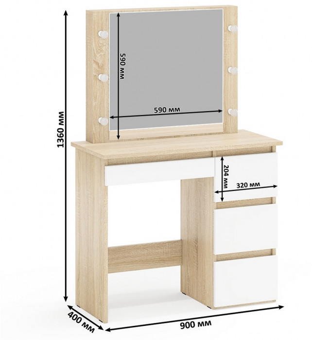 Ксения Кровать с ящиками 0900 + Стол косметический с подсветкой Сура, дуб сонома/белый