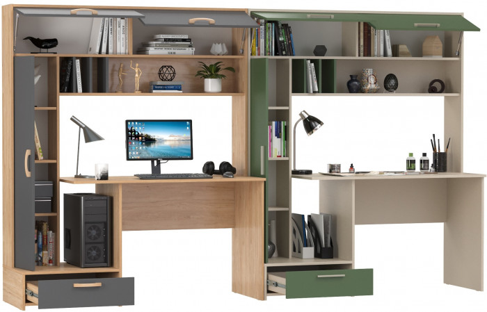 Два Стола письменных Лайт 03.243Н, цвет гикори рокфорд натуральный/тёмно-серый/сатин/дымчатый зелёный, ШхГхВ 300,4х57,3х179,9 см., НЕ универс. сборка