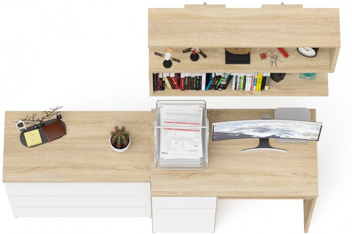 Мори компьютерный стол МС-1 левый + Комод МК800.1 + Полка 900, дуб сонома/белый