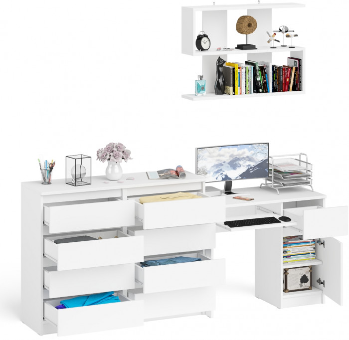 Мори Стол компьютерный МС-1 правый + Комод МК1200.8 + Полка 900, цвет белый, ШхГхВ 210,4х50х209,6 см., НЕ универсальная сборка