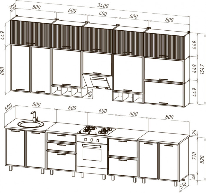 Кухня Бьянка 3,4/1350м (с элементами Люкс класса), Крафт золотой/Кашемир
